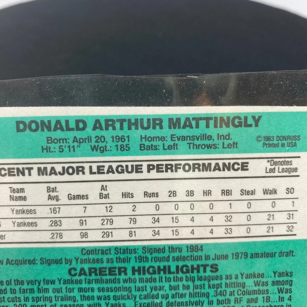 Donruss 1984 Don Mattingly Rookie Card 248 NY Yankees 1B Vintage Baseball